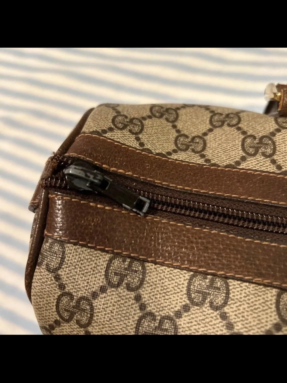 Gucci Beige GG Supreme Satchel with Green-Red Web Stripe